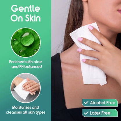 Person using a skincare product with text highlighting gentle skin care, aloe enrichment, and alcohol/latex free properties.