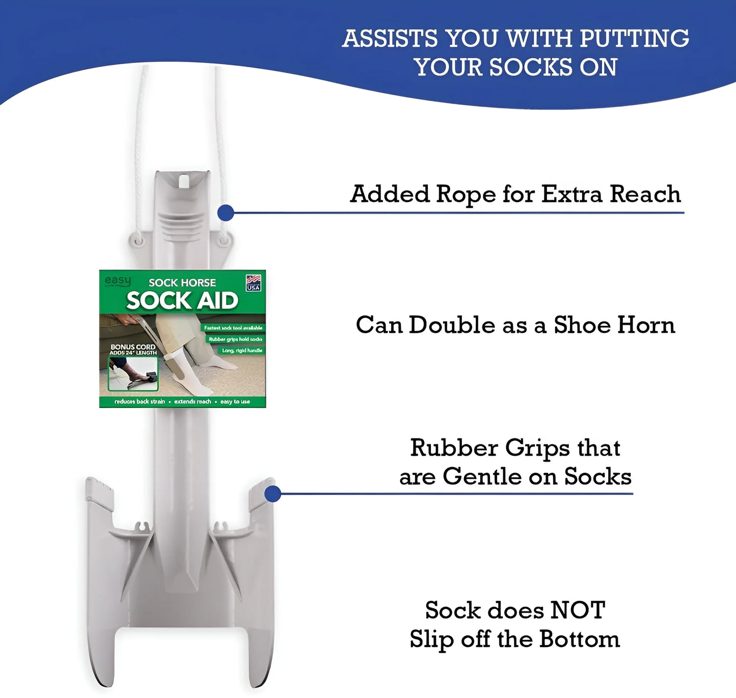 Close-up of Sock Horse Sock Aid showing contoured grips and extended handle for comfortable, independent dressing.