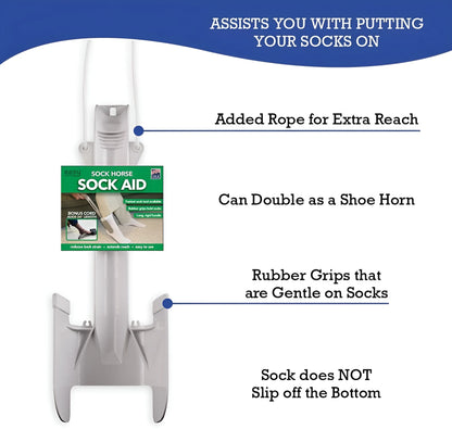 Close-up of Sock Horse Sock Aid showing contoured grips and extended handle for comfortable, independent dressing.
