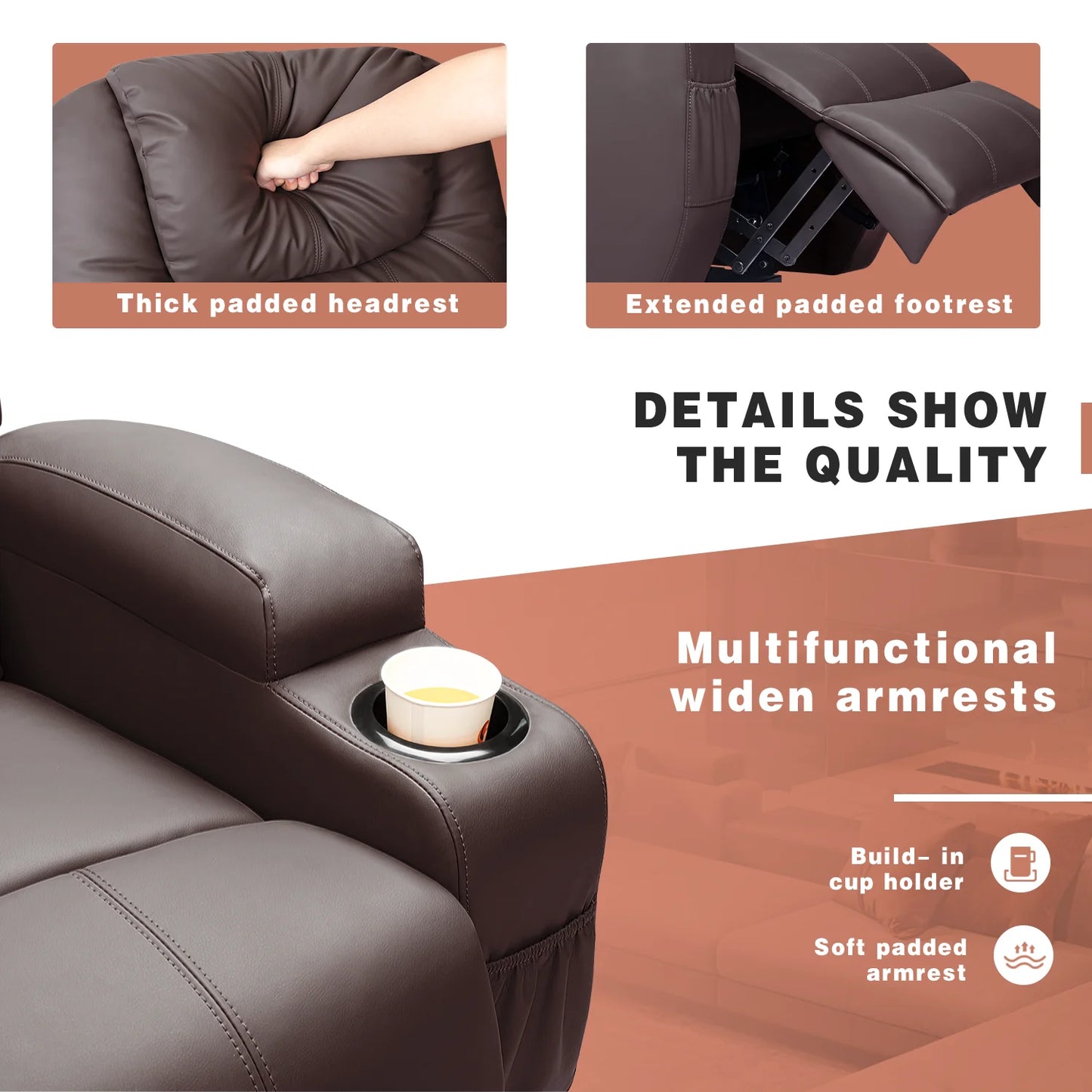 Recliner chair with features highlighted on a brown background