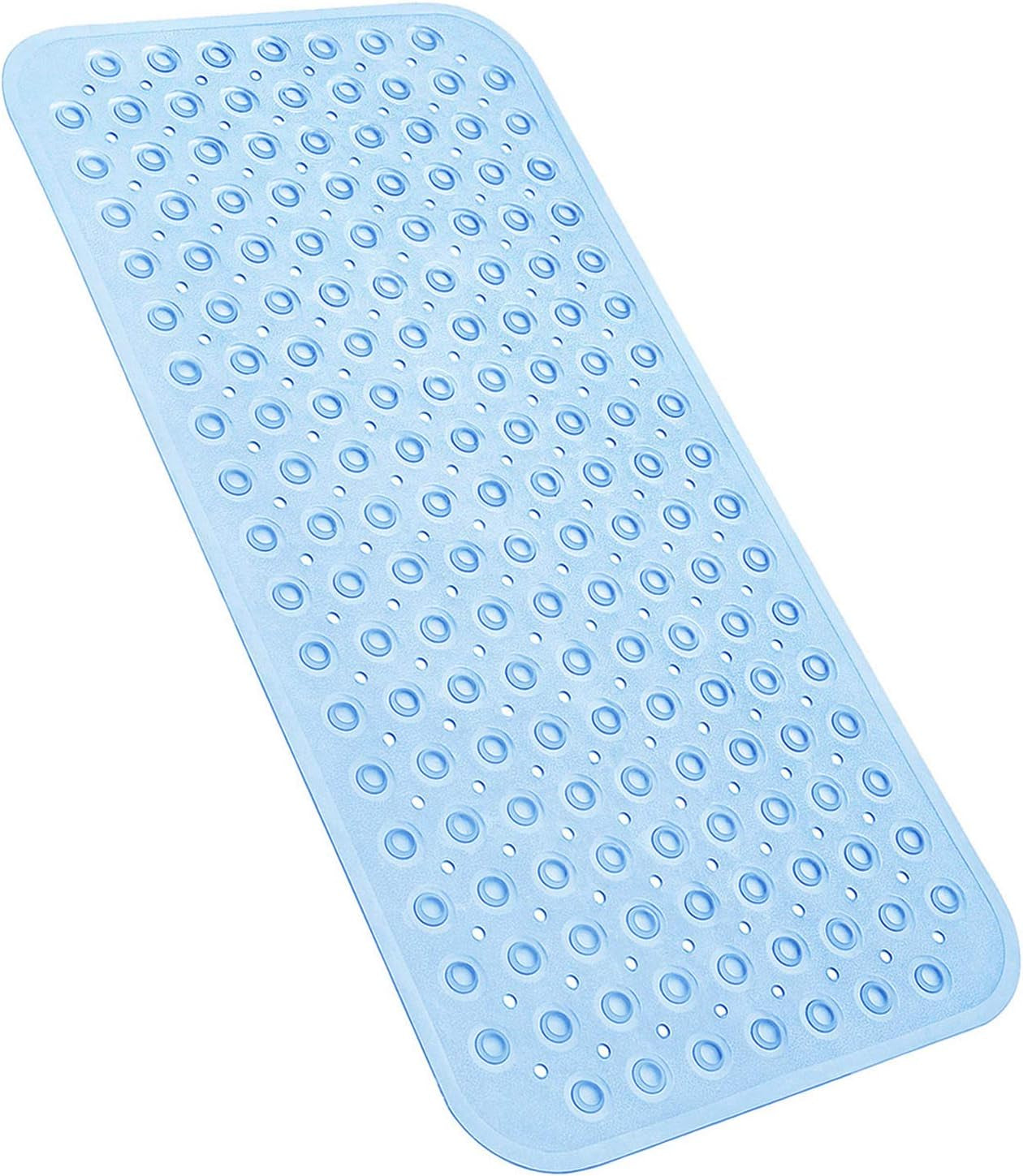 Blue bath mat with textured surface on a white background


