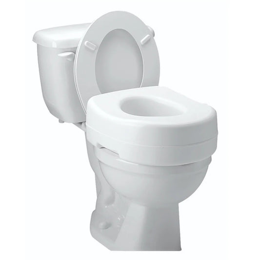 Carex Raised Toilet Seat installed on standard toilet. Designed for mobility support and easy sit-to-stand.