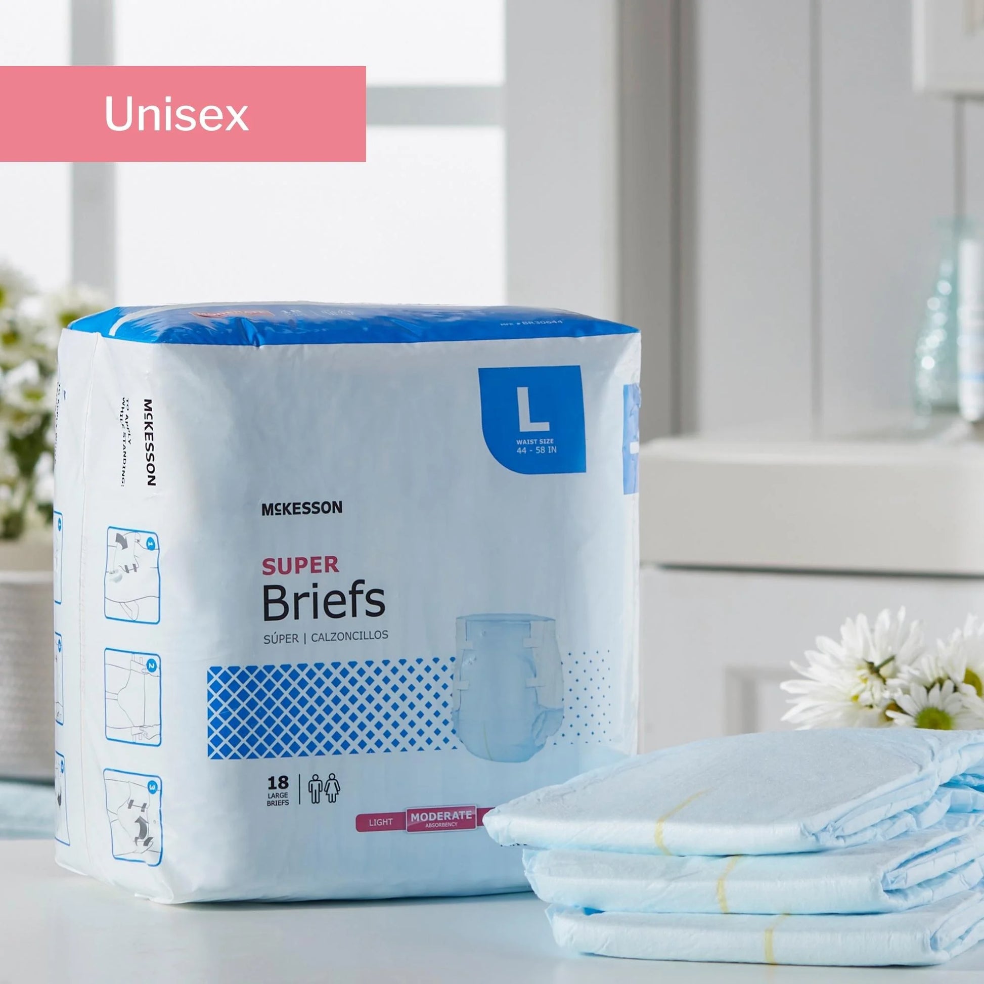 Super Briefs, Incontinence, Moderate Absorbency, Large, 18 Count, 4 Packs, 72 Total