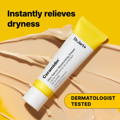 Dr. Jart+ Ceramidin skincare cream tube on a yellow background with text about dryness relief.

