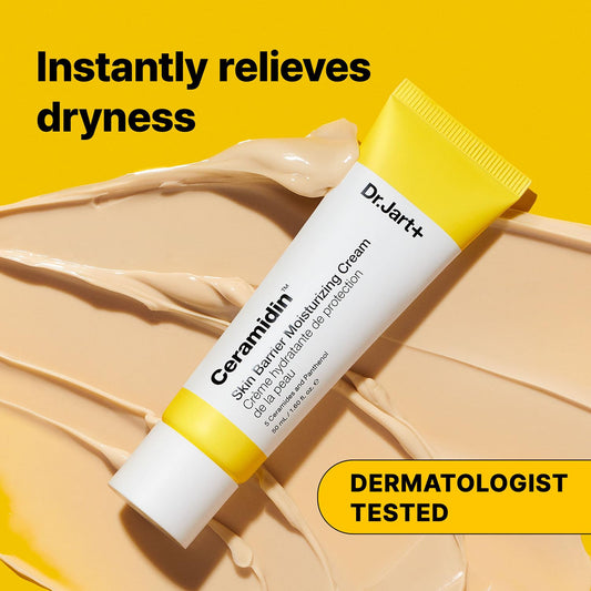 Dr. Jart+ Ceramidin skincare cream tube on a yellow background with text about dryness relief.

