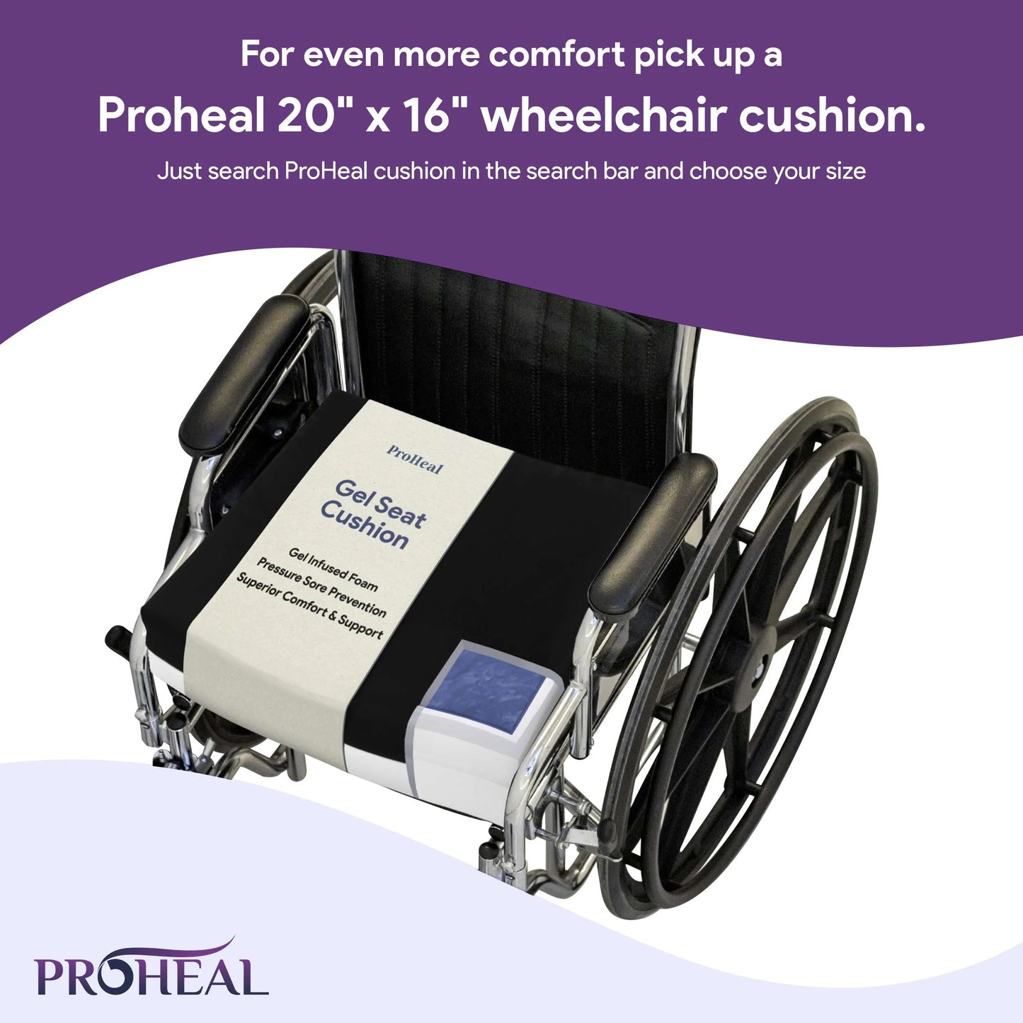 Wheelchair with Proheal gel seat cushion on a white background

