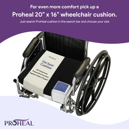 Wheelchair with Proheal gel seat cushion on a white background

