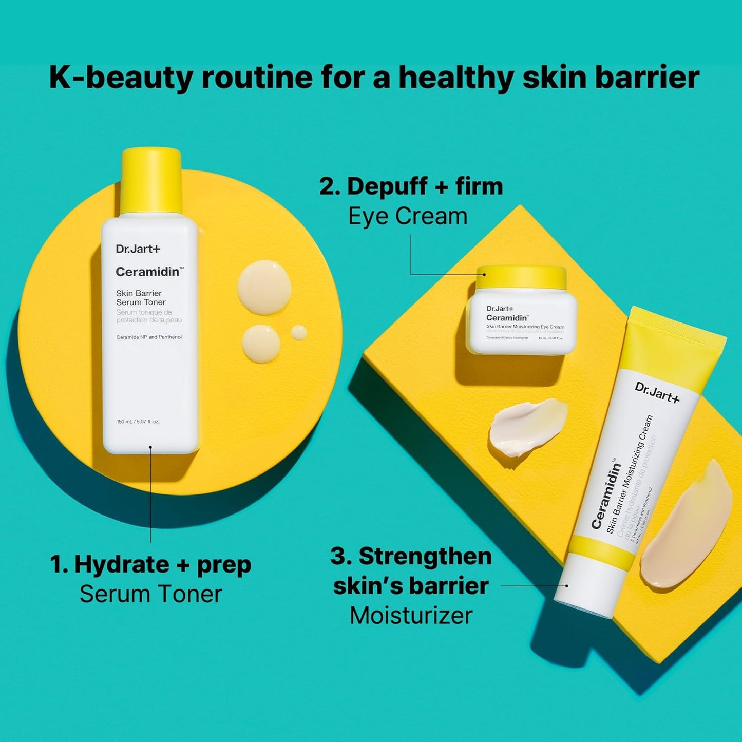 K-beauty routine for a healthy skin barrier with Dr.Jart+ products on a teal background

