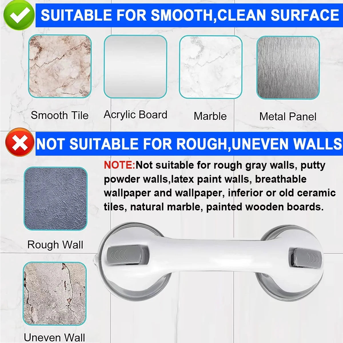 Product compatibility chart for smooth and uneven walls with a grab bar illustration.

