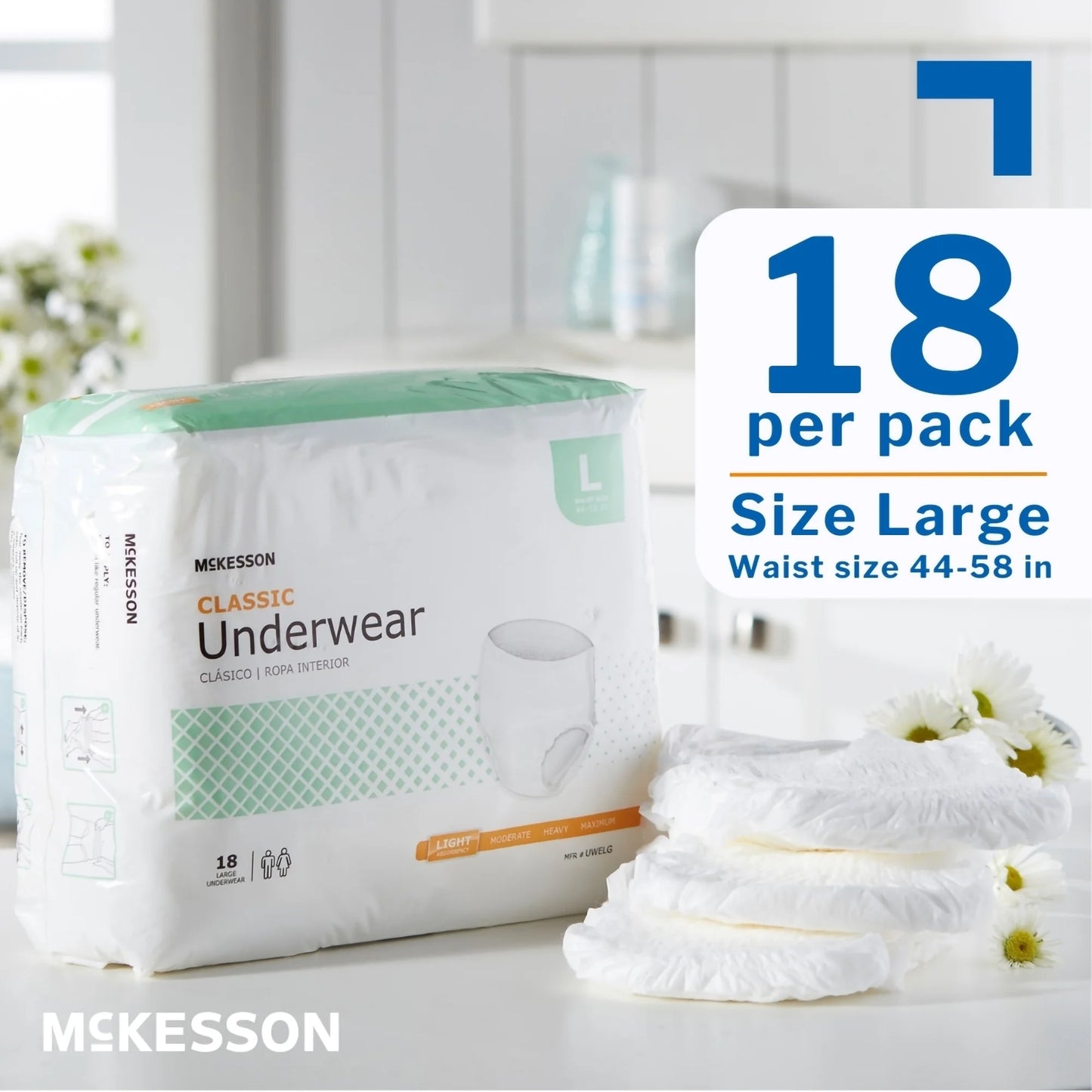 Classic Underwear, Incontinence, Light Absorbency, Large, 72 Ct