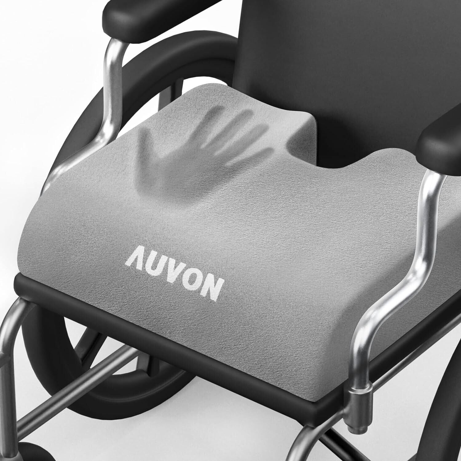 Gray wheelchair cushion with 'AUVON' branding on a wheelchair

