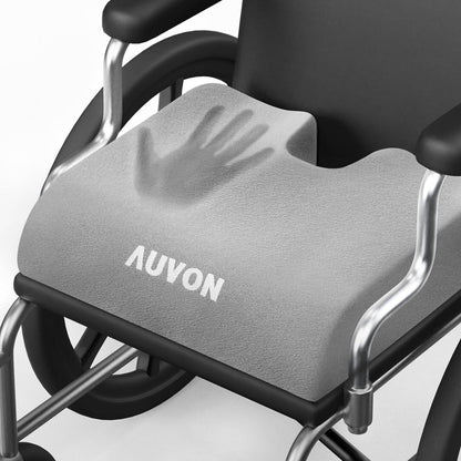 Gray wheelchair cushion with 'AUVON' branding on a wheelchair

