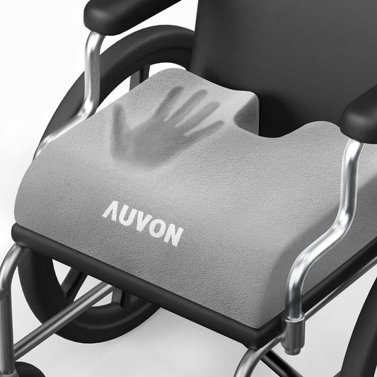 Gray wheelchair cushion with 'AUVON' branding on a wheelchair

