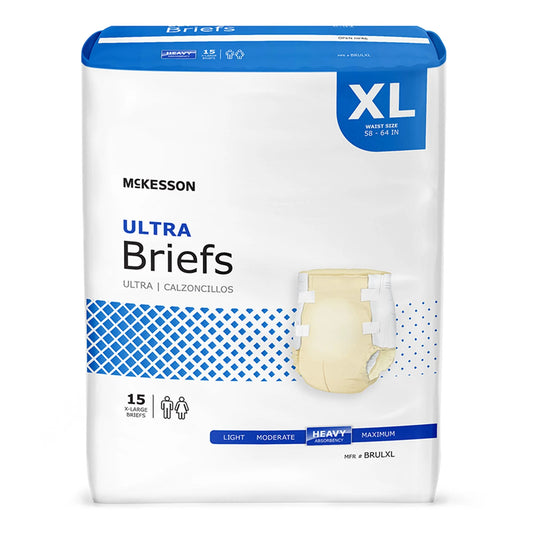 Package of McKesson Ultra Briefs with size XL on a white background