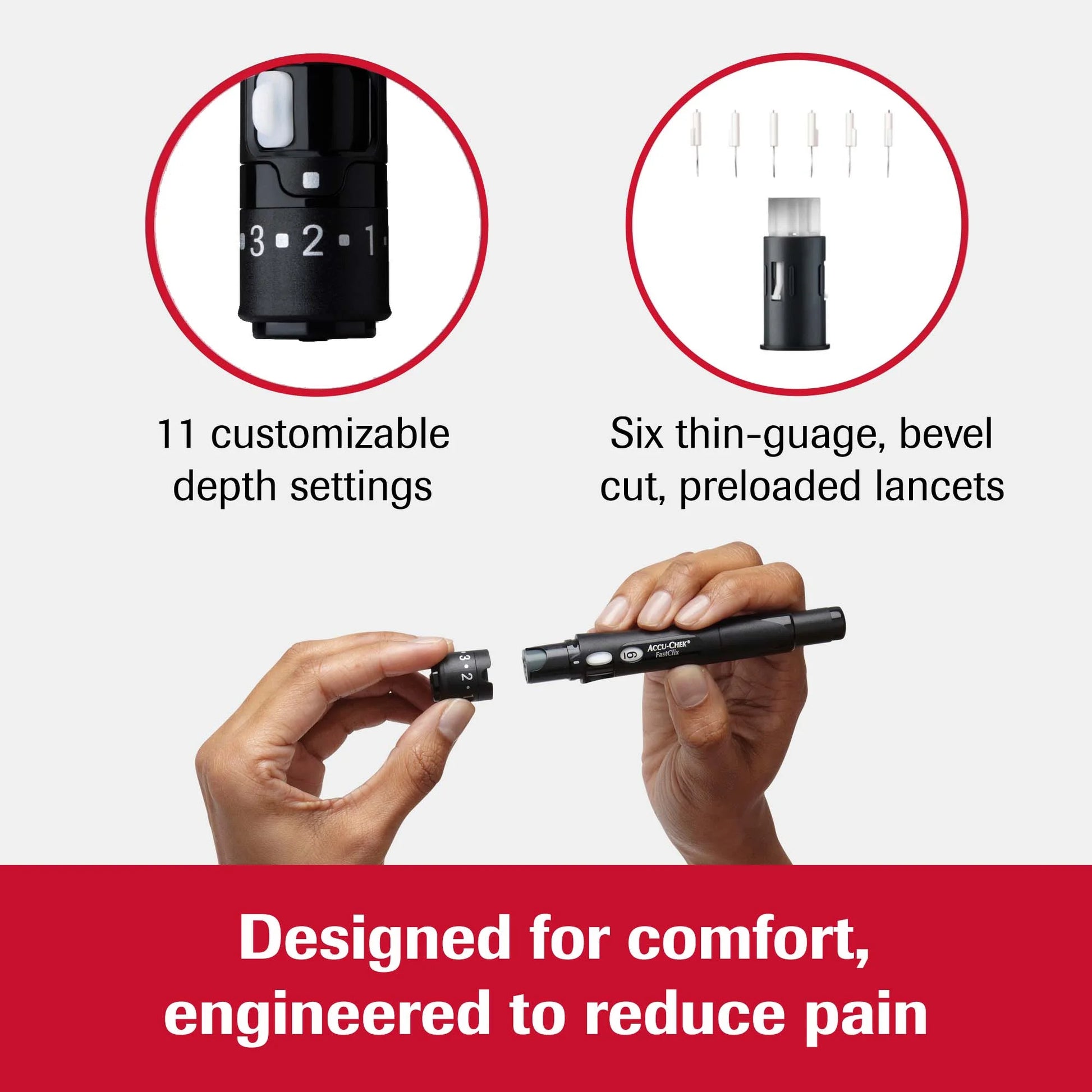 Intravenous access device with customizable depth settings and preloaded lancets, held by hands against a white background.
