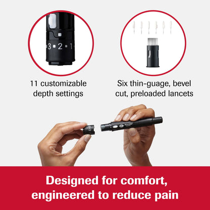 Intravenous access device with customizable depth settings and preloaded lancets, held by hands against a white background.