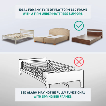 Bed alarm compatibility chart for platform bed frames with firm mattress support.