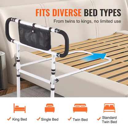 Bed rail adapter on a bed with text indicating compatibility across various bed types.


