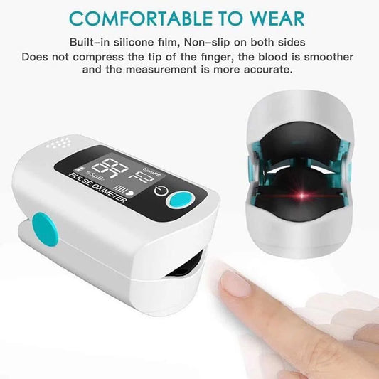 Finger pulse oximeter with a finger being measured on a white background

