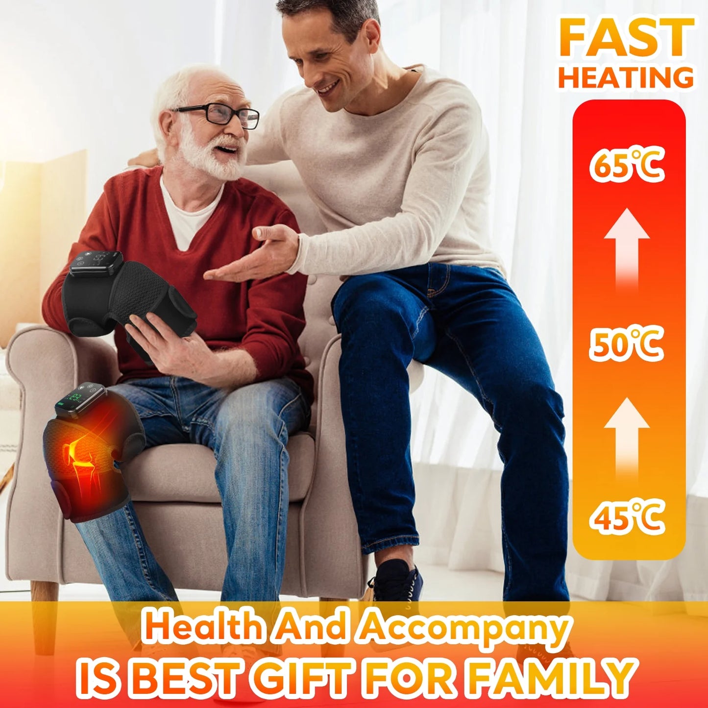 Two men sitting on a couch with a heating device, emphasizing fast heating and comfort.

