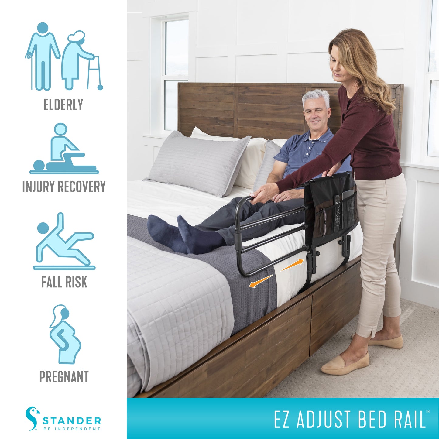 Woman using an EZ Adjust Bed Rail with a man on a bed in a bedroom setting, featuring icons for elderly, injury recovery, fall risk, and pregnant individuals.

