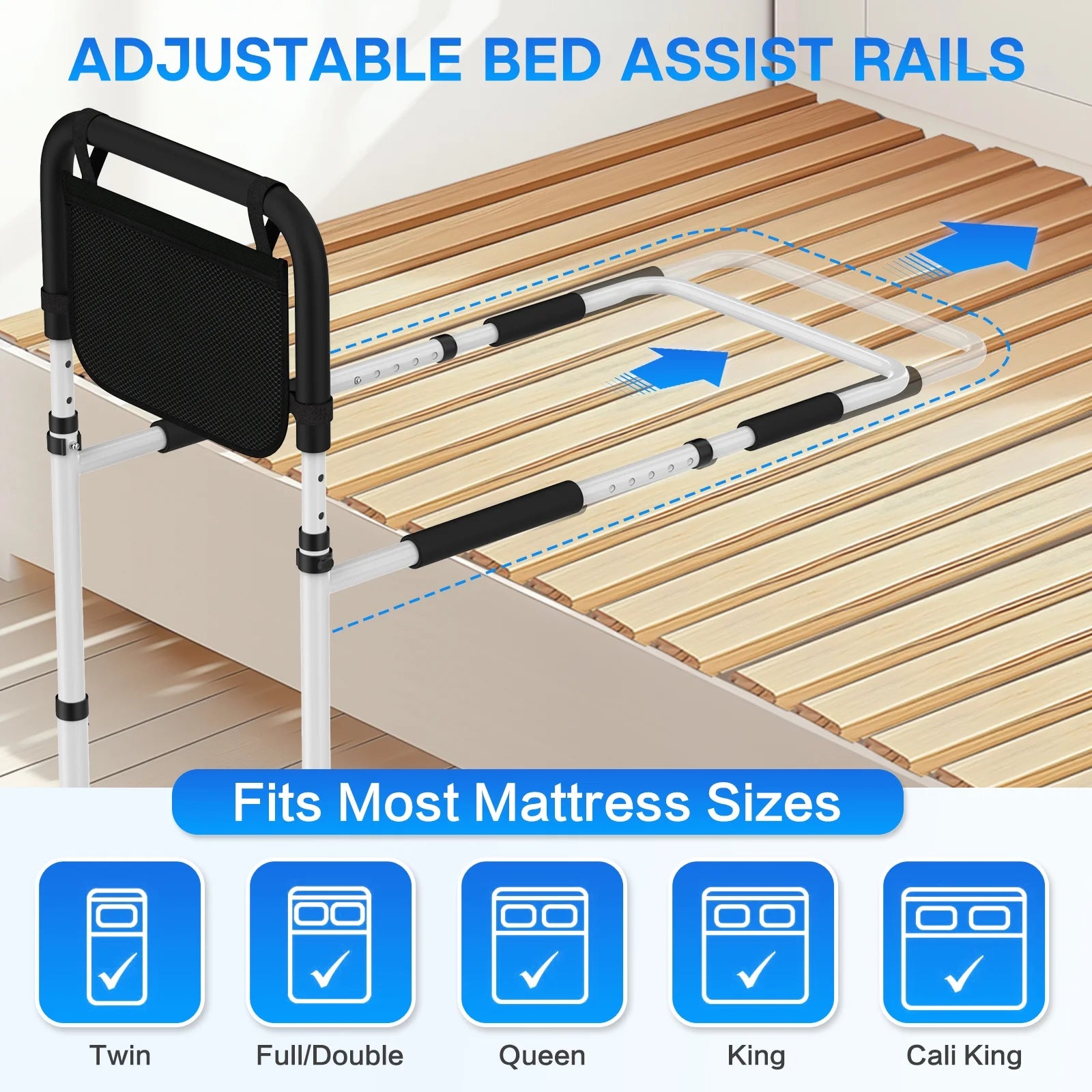 Bed Rails for Elderly Adults Safety with Leg Adjustable, Bed Cane for Seniors with Free Storage Bag and Fixing Strap