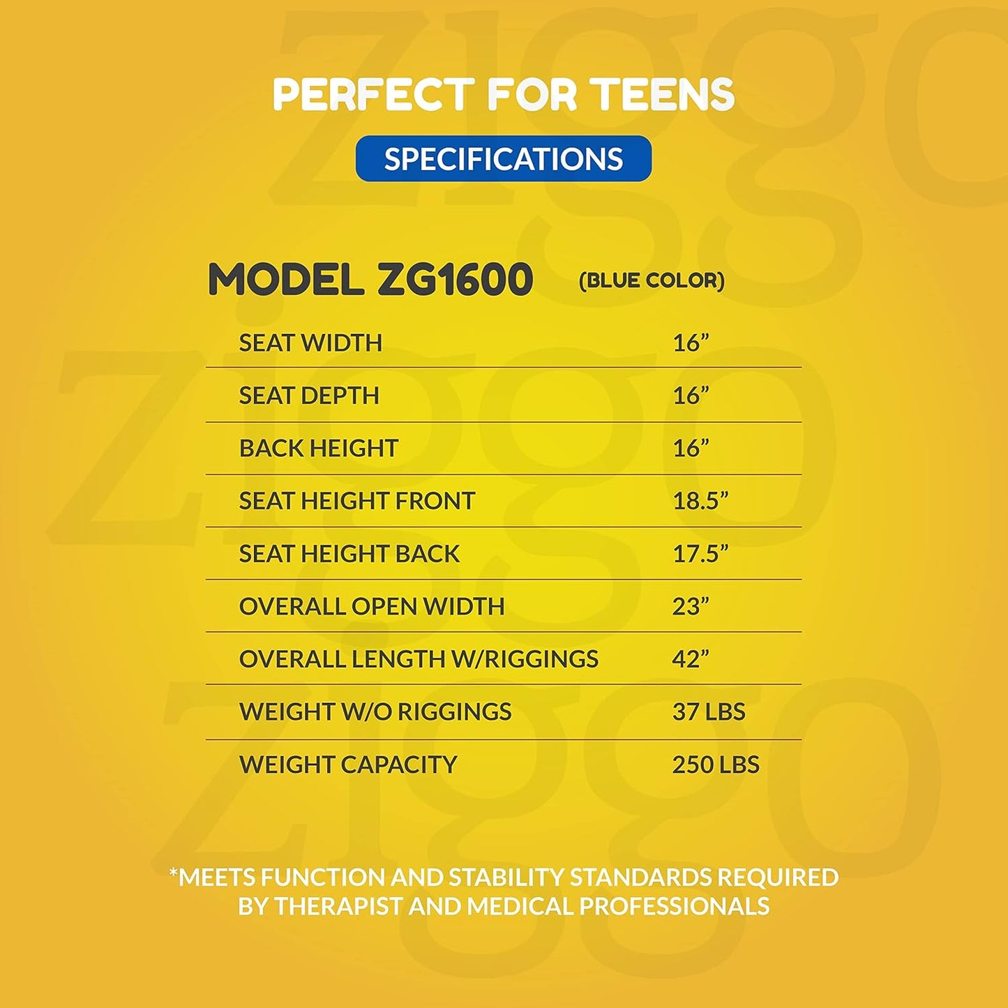 Specifications of a product model ZG1600 on a yellow background