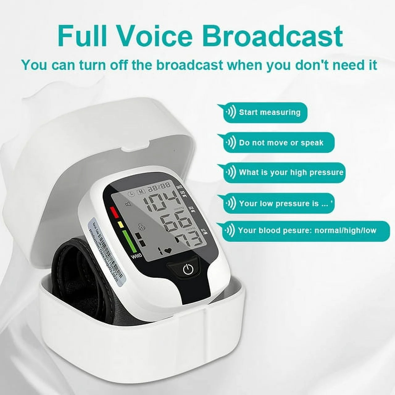 Blood pressure monitor with digital display on a white background

