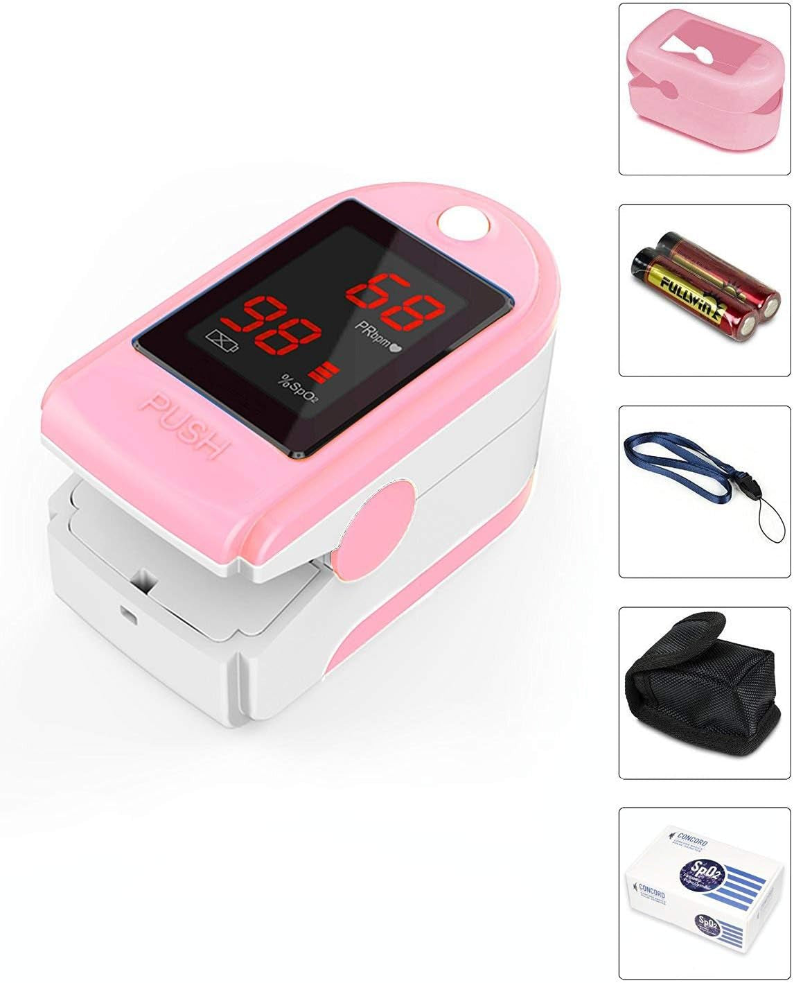 Pink and white pulse oximeter with additional accessories on a white background

