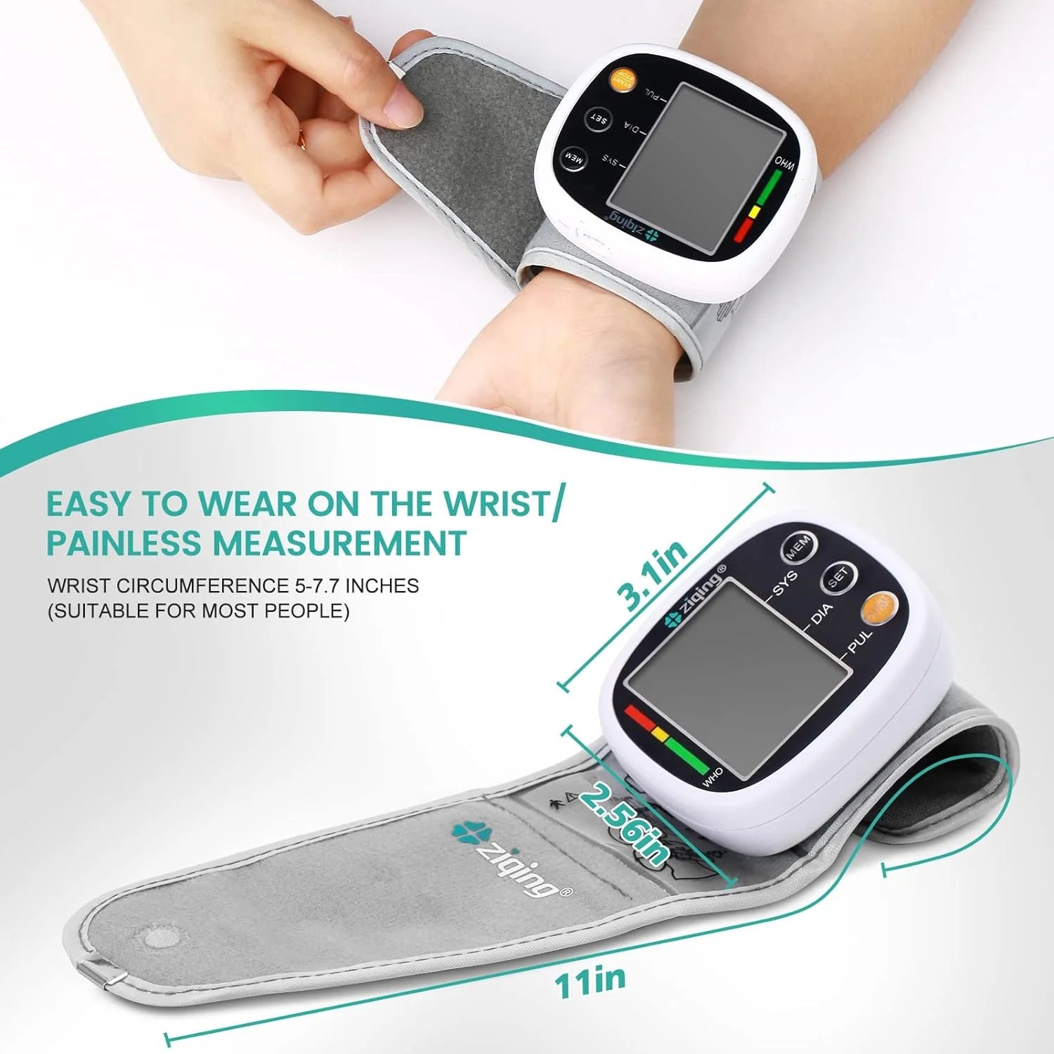 Digital blood pressure monitor with wrist cuff on a white background

