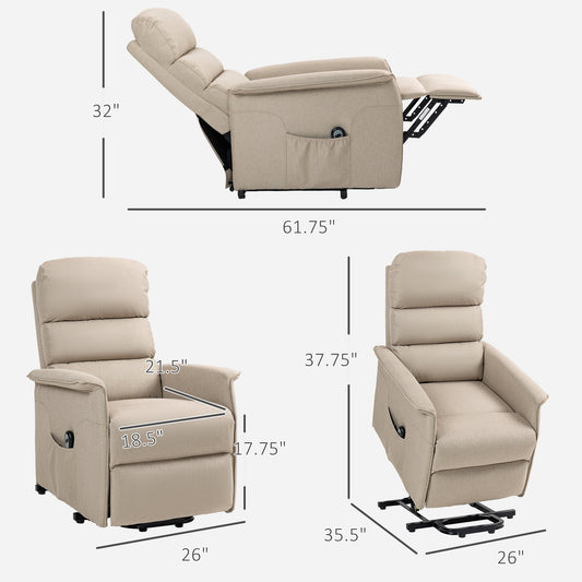 Beige recliner chair with dimensions labeled on a white background