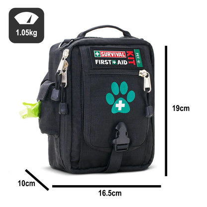 Black first aid kit bag with survival and first aid labels, dimensions indicated, on a white background

