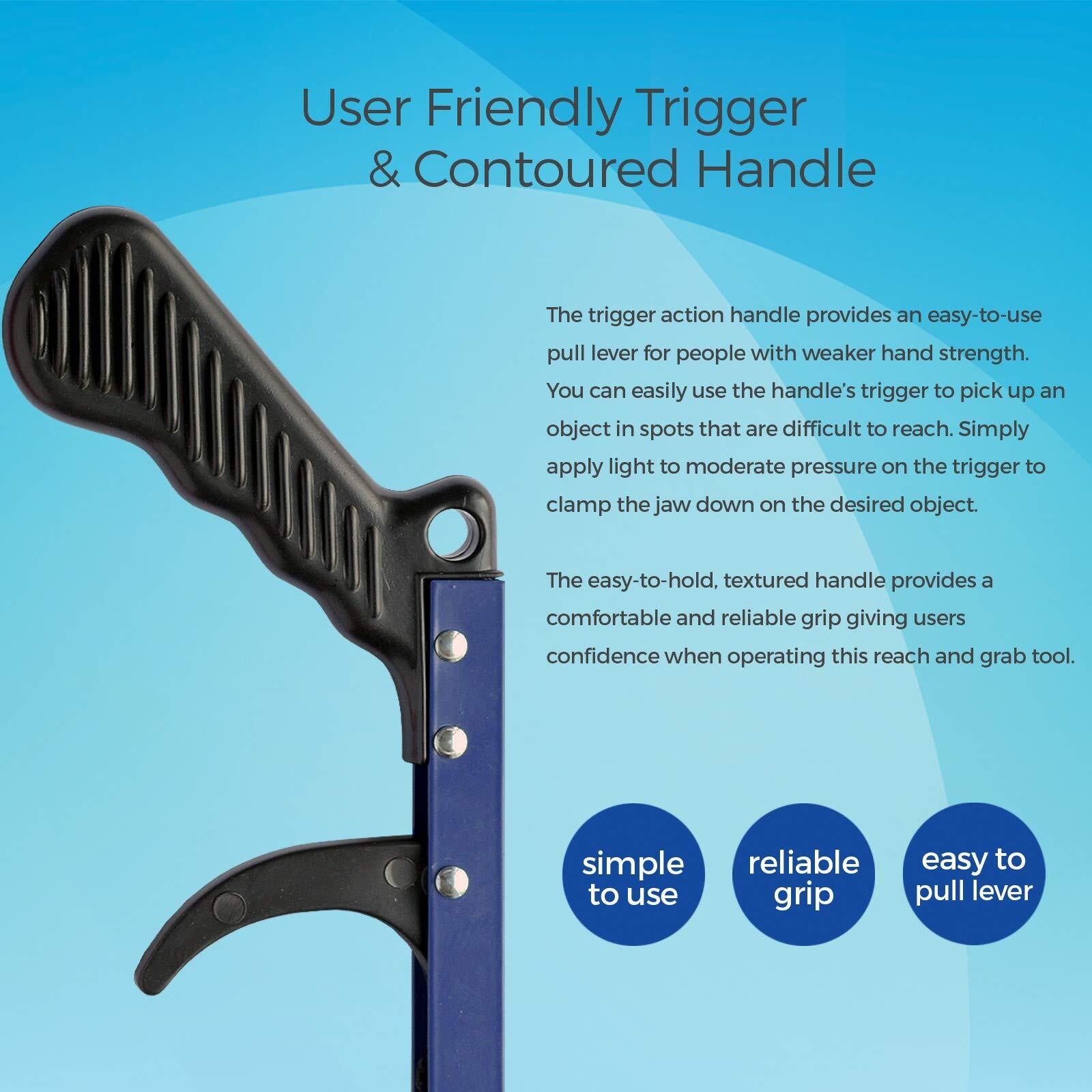 Reach and grab tool with user-friendly trigger and contoured handle on a blue background