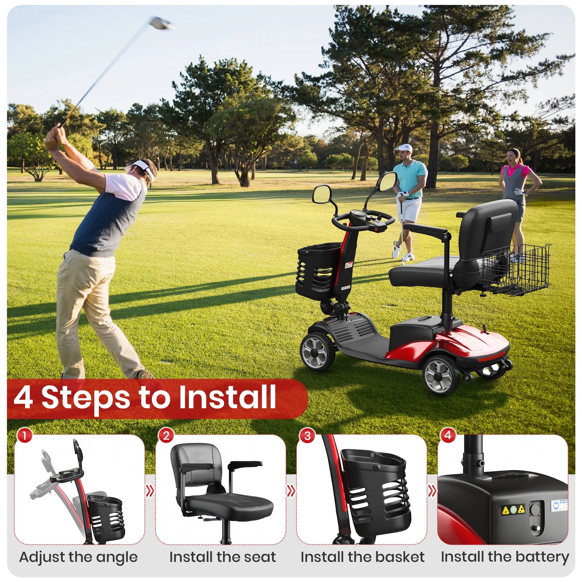 Golf player swinging a club with a mobility scooter on a golf course, featuring installation steps.