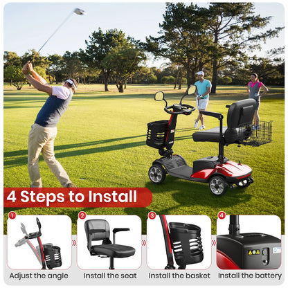 Golf player swinging a club with a mobility scooter on a golf course, featuring installation steps.