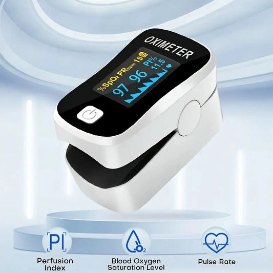 Finger oximeter on a light blue background

