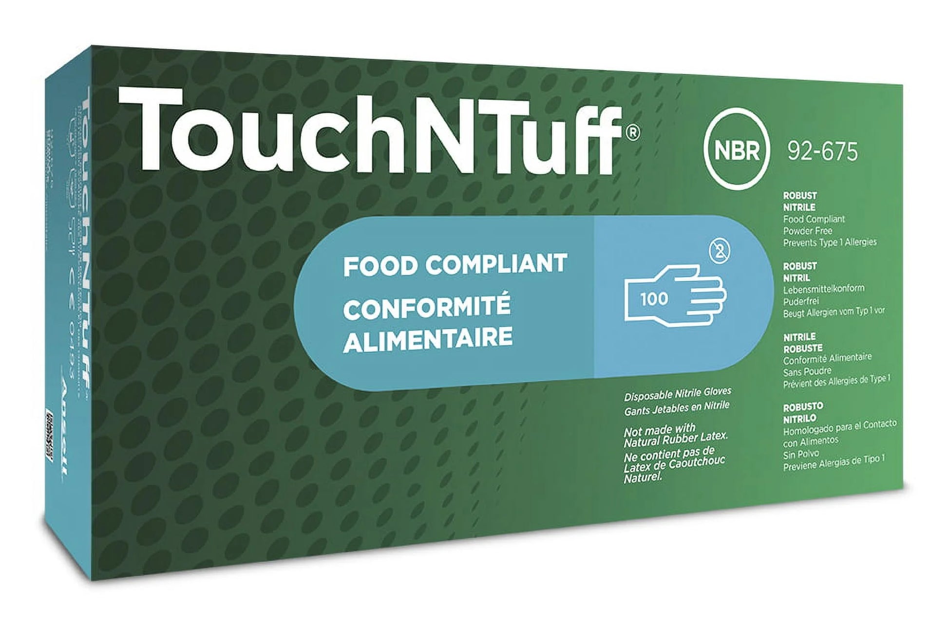 TouchNTuff food compliant gloves packaging on a white background