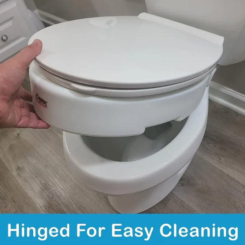Carex Elongated Toilet Seat installed on standard toilet. Designed for seniors and recovery support.