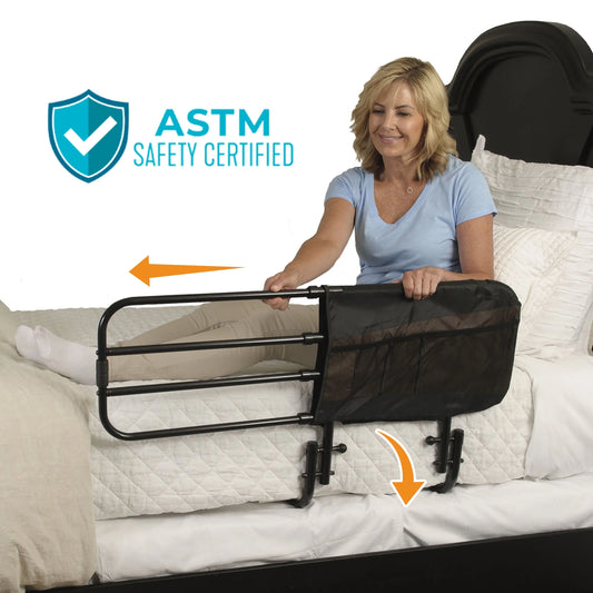 Woman using a bed rail with ASTM safety certification label on a white background

