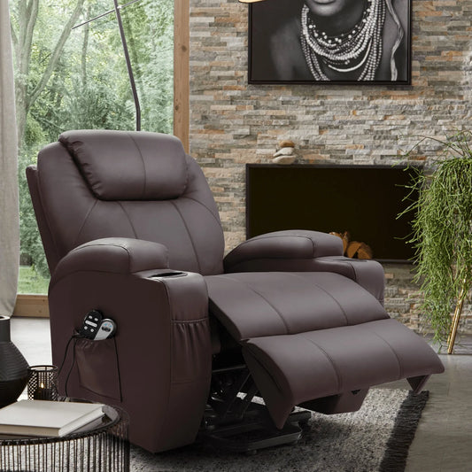 Brown recliner chair in a living room setting with a stone wall and window.