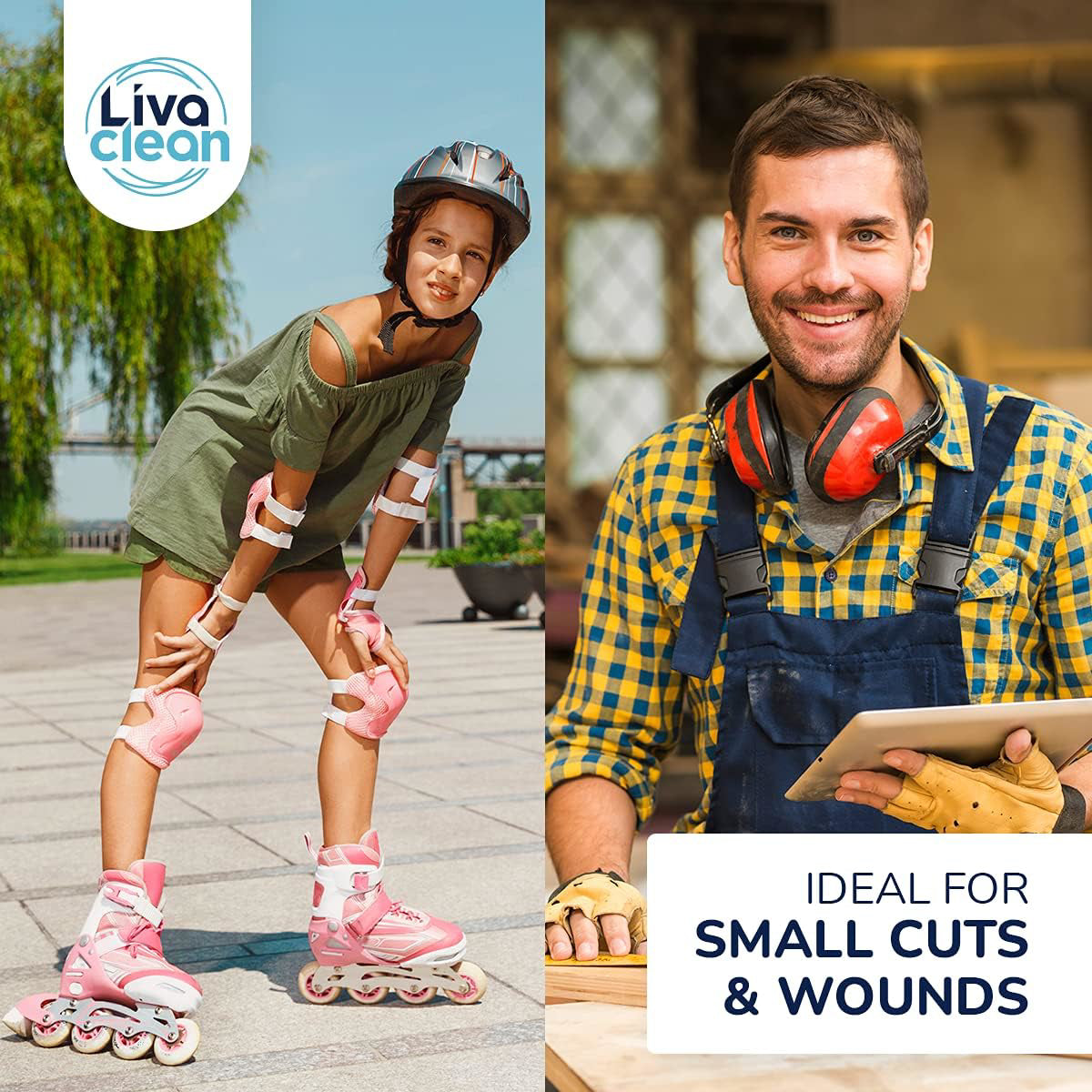 Two images split vertically; one of a child on roller skates and the other of a man with tools, both with 'Liva Clean' branding.

