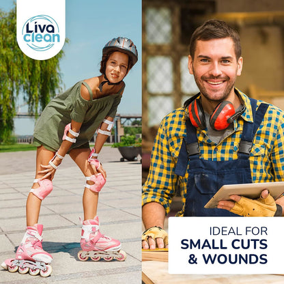 Two images split vertically; one of a child on roller skates and the other of a man with tools, both with 'Liva Clean' branding.

