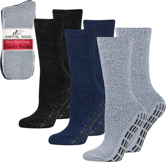 Set of four pairs of fuzzy socks in gray, black, blue, and gray with a non-skid grip pattern on a white background.