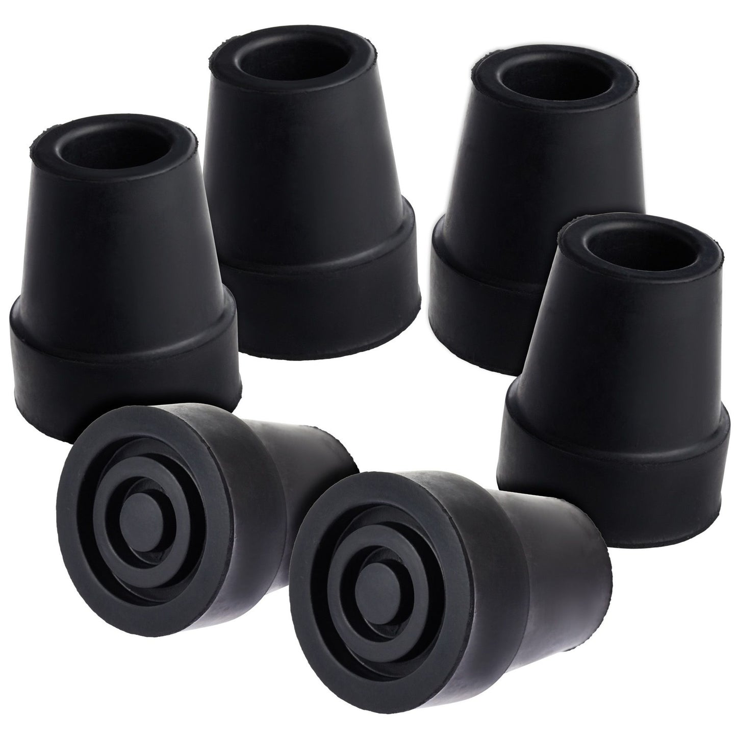 Set of black rubber cane tips on a white background

