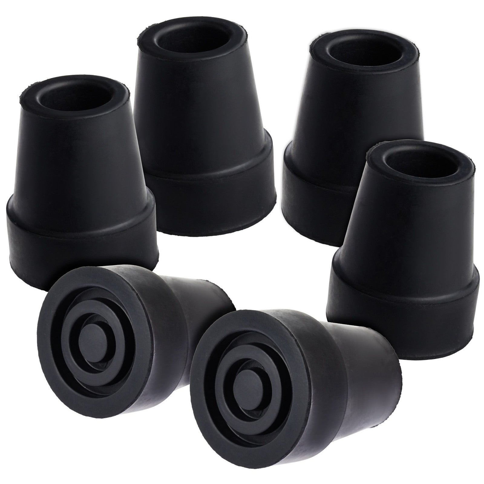 Set of black rubber cane tips on a white background

