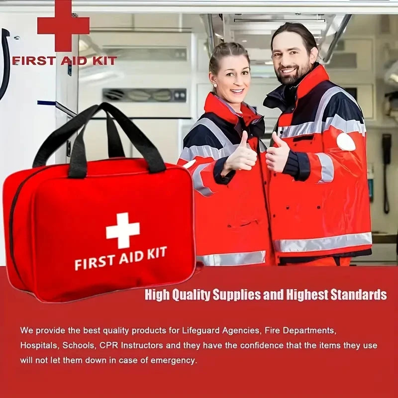 Two people in safety vests with a first aid kit, emphasizing high-quality supplies and standards.

