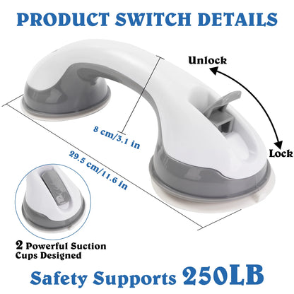 Product switch with suction cups and lock mechanism, labeled with dimensions and safety rating.

