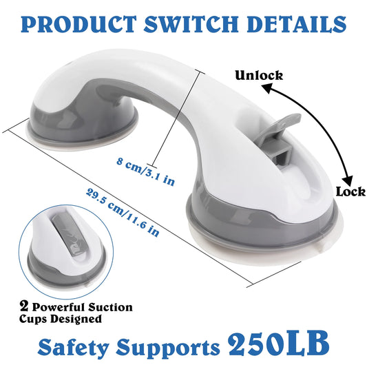 Product switch with suction cups and lock mechanism, labeled with dimensions and safety rating.

