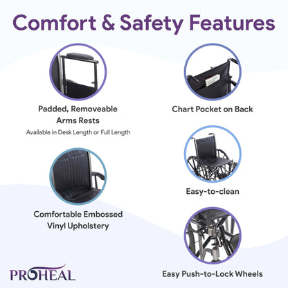 List of comfort and safety features for a wheelchair with ProHeal branding.

