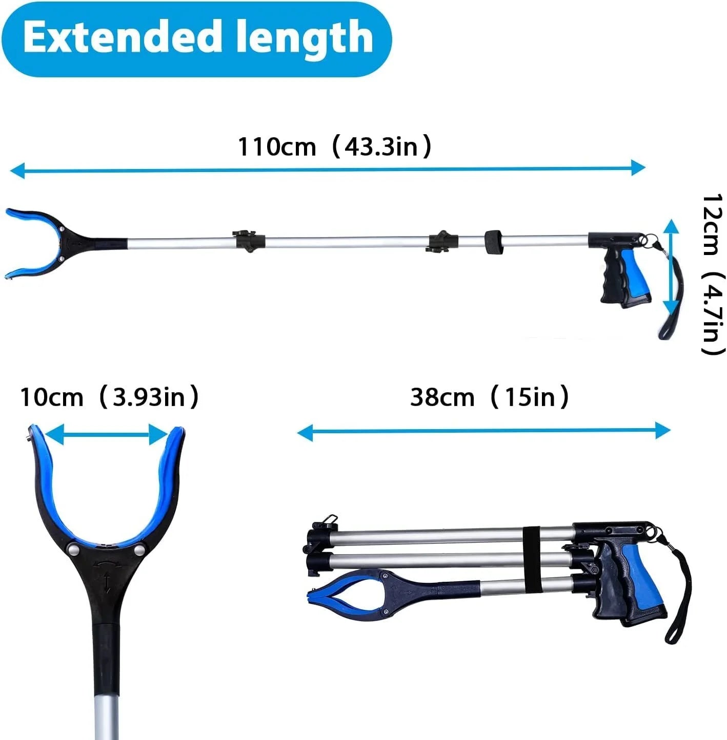 Extendable cleaning tool with measurements on a white background